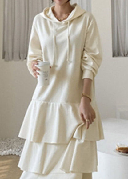 Apricot Hooded Patchwork Ruffled Cotton Dress Spring