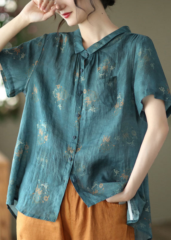 Navy Peter Pan Collar Wrinkled Linen Shirt Top Short Sleeve