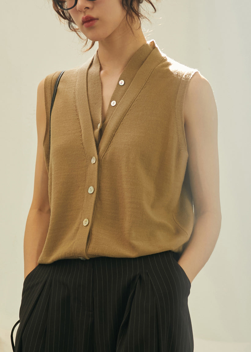 Art Khaki V Neck Thin Knit Woolen Top Summer