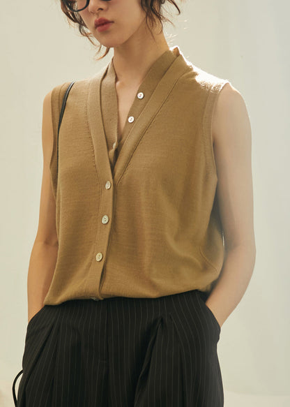 Art Khaki V Neck Thin Knit Woolen Top Summer