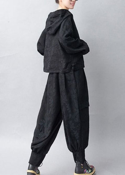 Jacquard Black Hooded Coats and Pants Two Pieces Set Fall