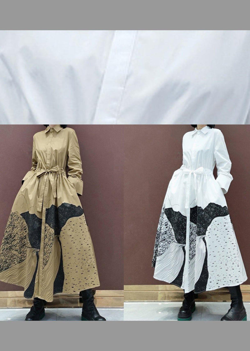 Simple Lapel Drawstring Spring Dresses Work Outfits White Print a Line Dress
