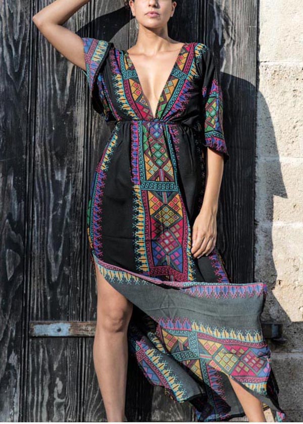 Black Block Cotton Tie Waist Beach Gown Summer Mid Dress