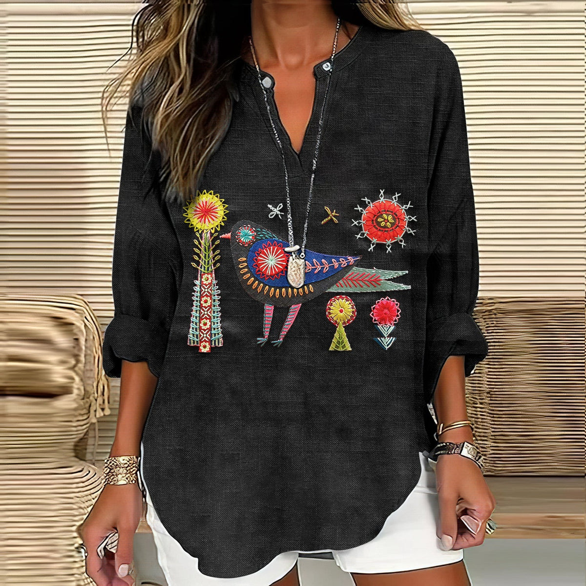 Women's Floral And Bird Embroidery Art Pattern Cotton And Linen V-neck Shirt artswardrobe