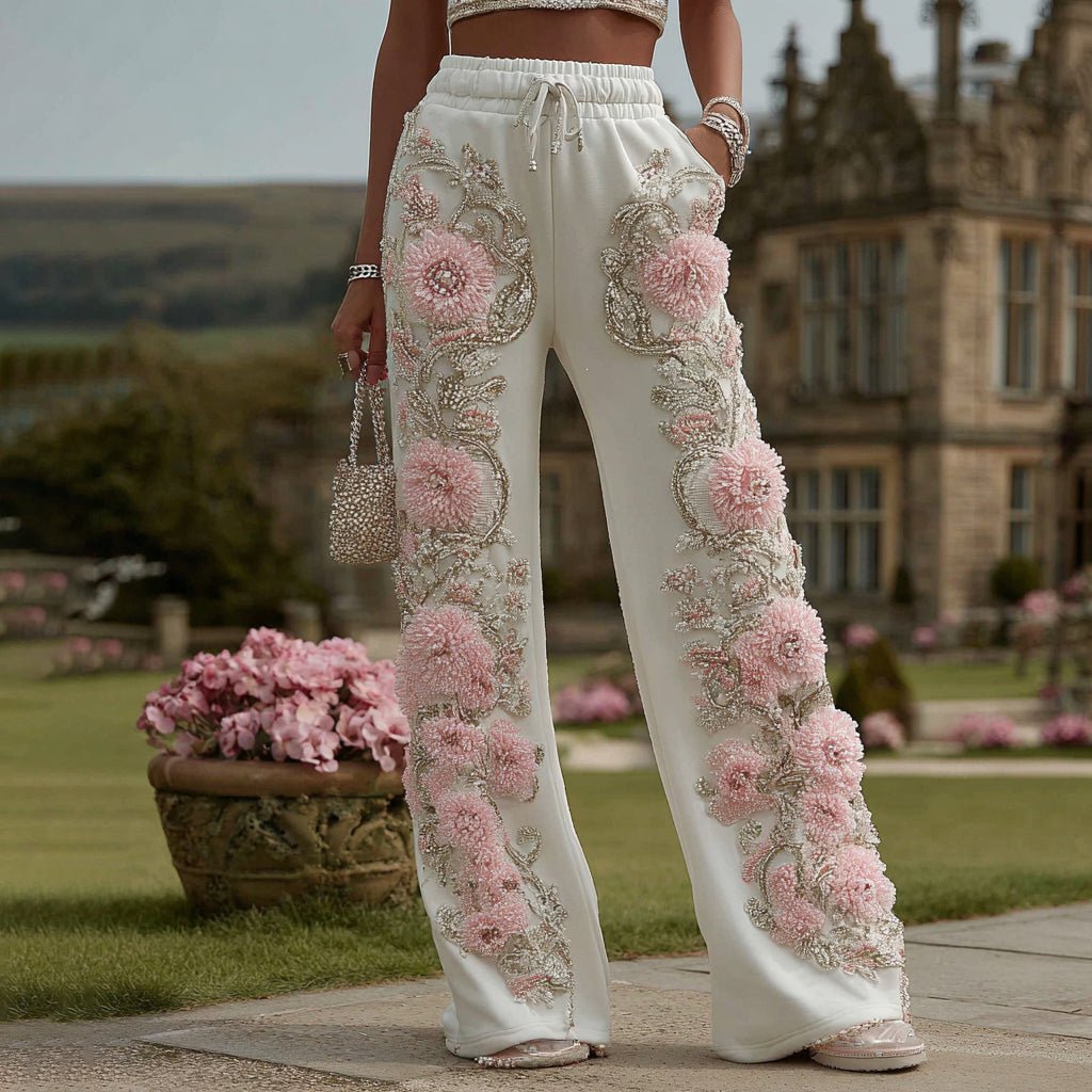 Comstylish Women's Pink Floral Embroidery Art Sweatpants