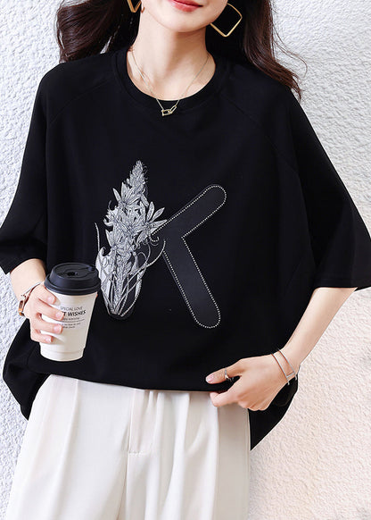 Loose Black O-neck Print Cotton T Shirt Half Sleeve