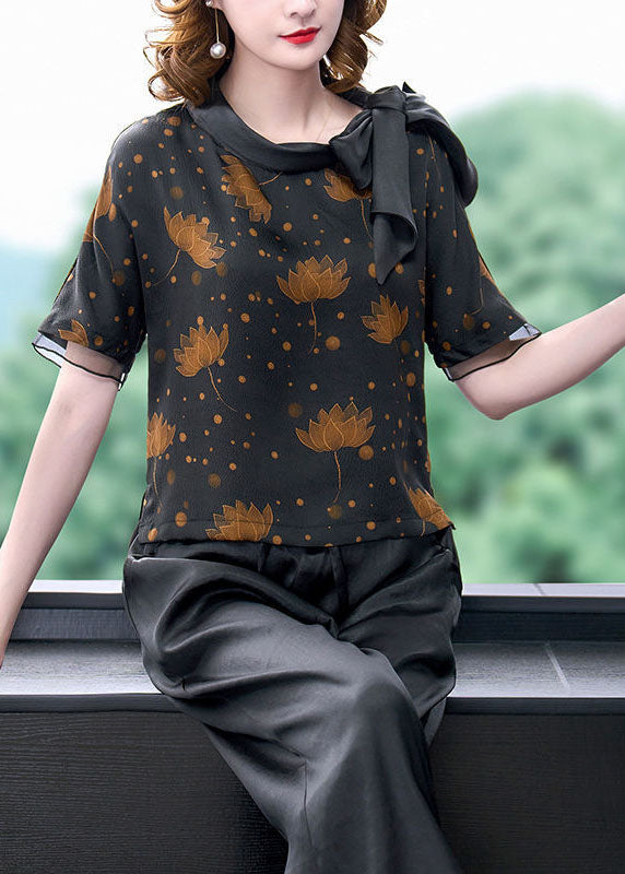 Black Bow Collar Patchwork Print Silk Shirt Short Sleeve