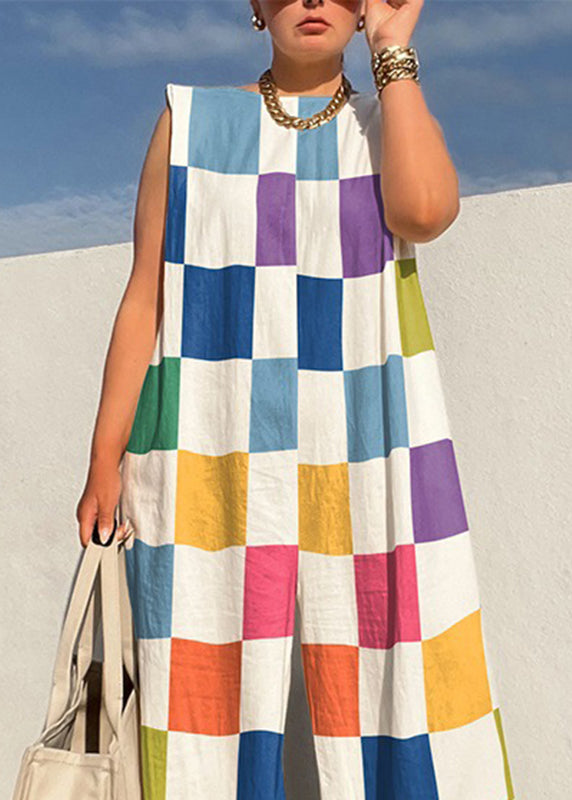 Rainbow Plaid O-neck Jumpsuits Sleeveless