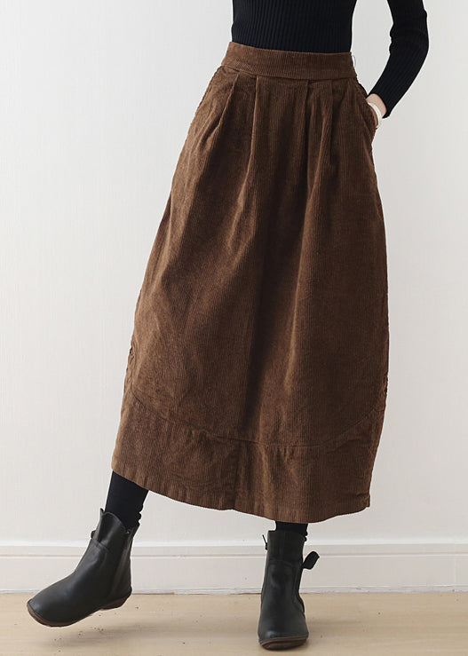 Brown Oversized Patchwork Pockets Corduroy Skirt Spring