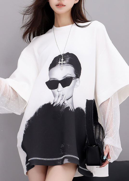 White O Neck Lace Patchwork Cotton T Shirts Fall