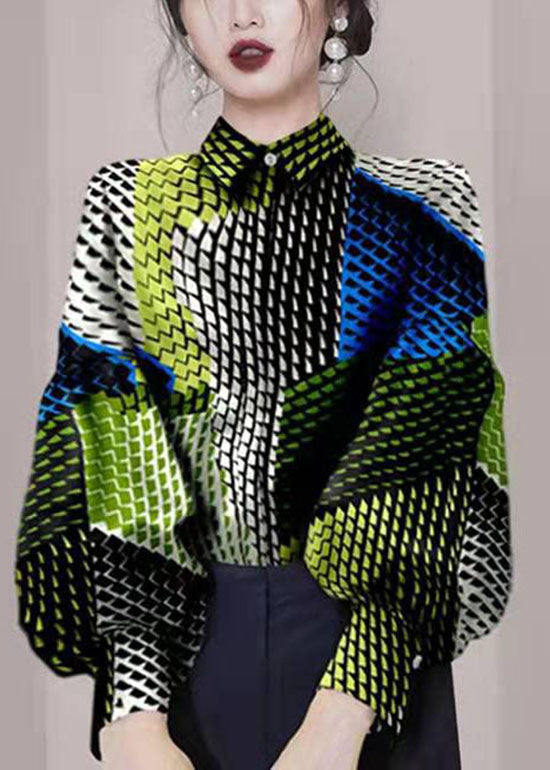 Colorblock Button Peter Pan Collar Print Blouses Lantern Sleeve