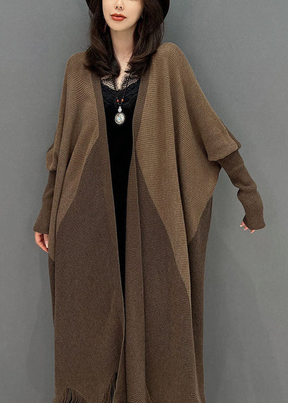 Chocolate Oversized Patchwork Tassel Knit Cardigan Batwing Sleeve