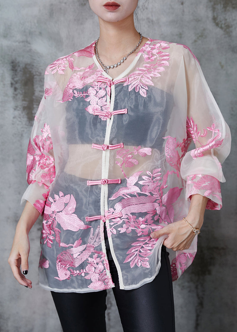 Pink Embroidered Organza Upf 50+ Tops Summer