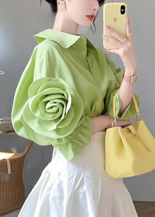 Green Peter Pan Collar Button Cotton Blouses Half Sleeve Fall