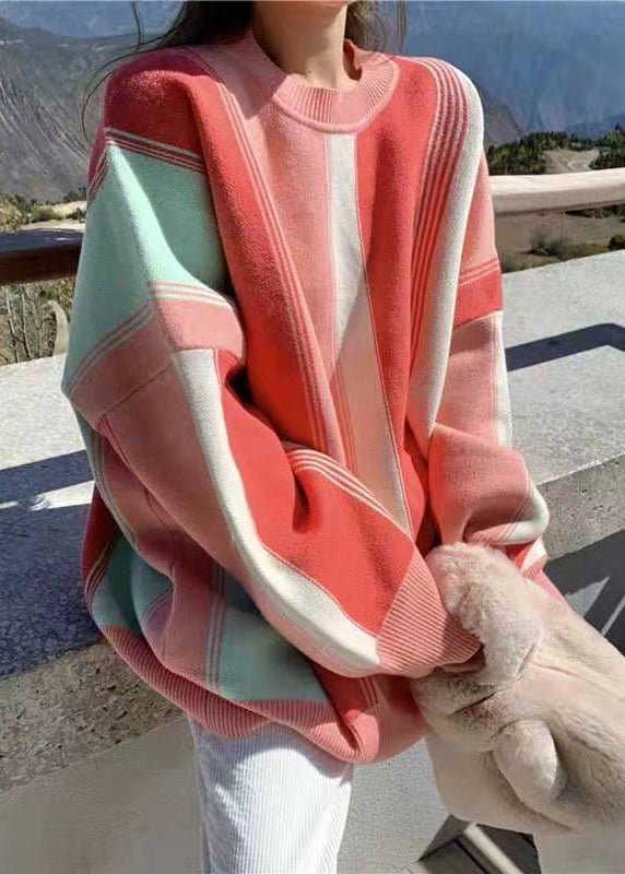 Rainbow O Neck Patchwork Cozy Cotton Knit Sweaters Spring