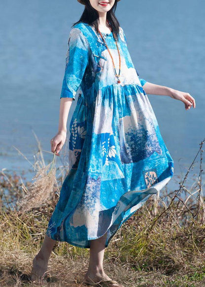 100% Blue Print Quilting Clothes O Neck Cinched a Line Spring Dresses
