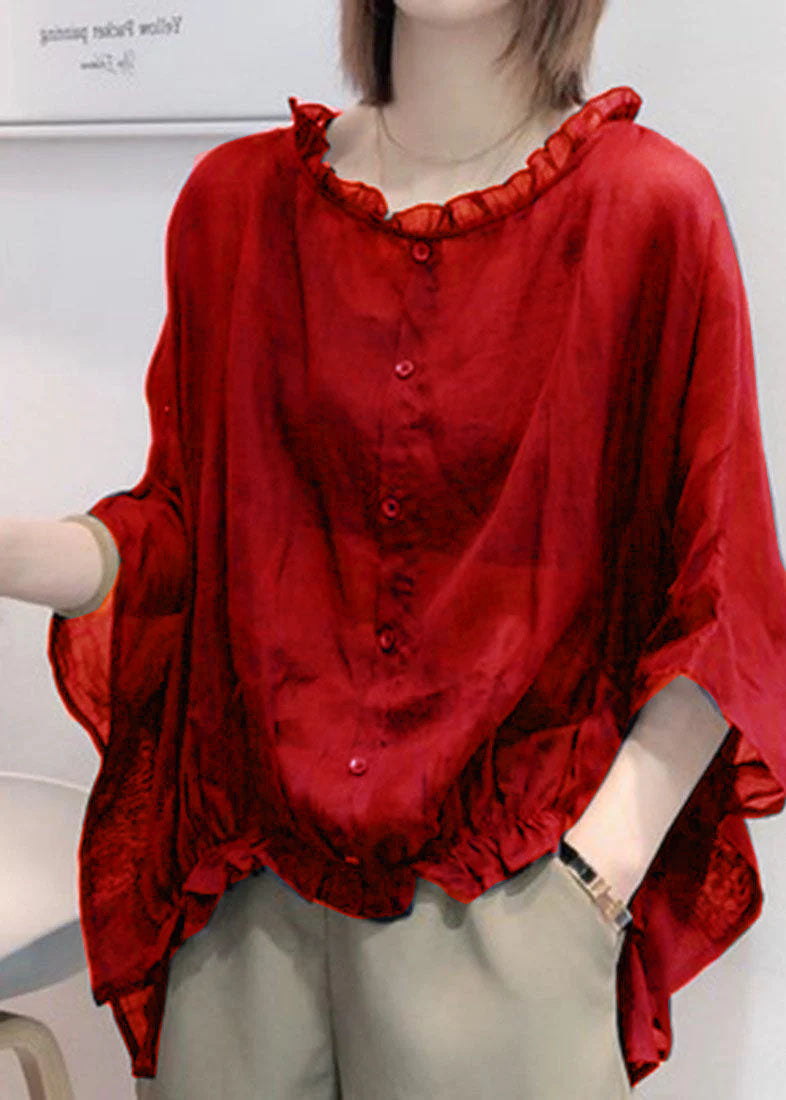 Black Tops Ruffles Trim Half Sleeve Shirts Blouse