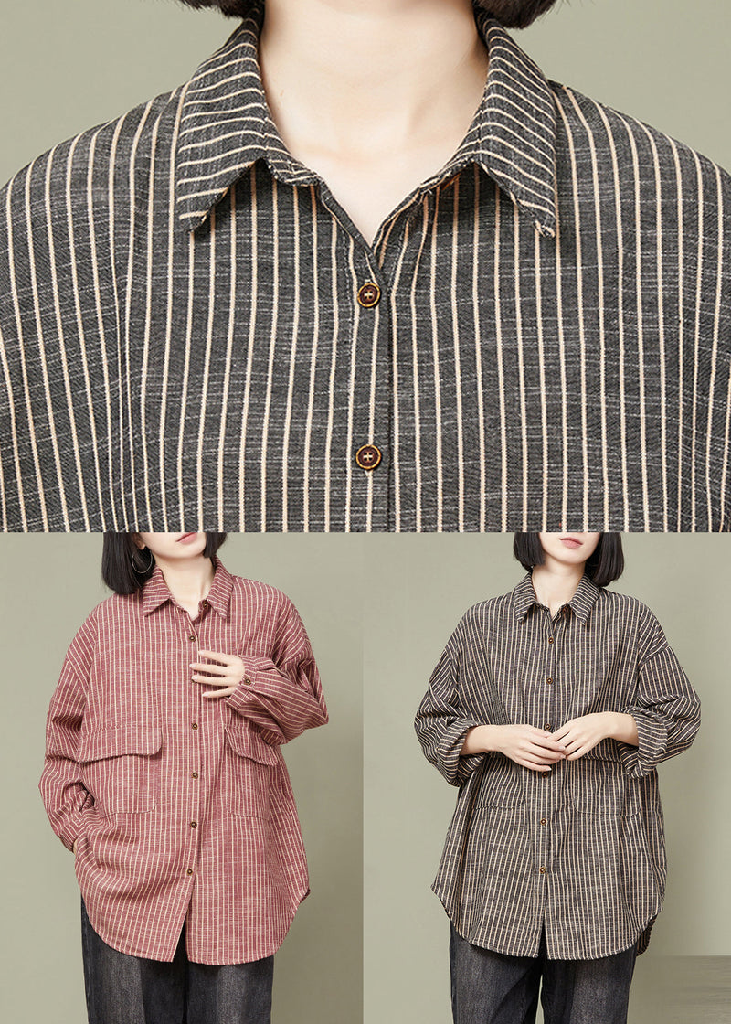Grey Striped Button Cotton Blouse Tops Fall