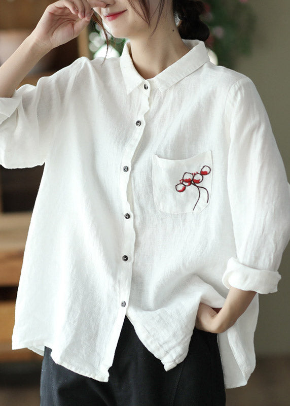 Red Peter Pan Collar Embroideried Button Linen Shirt Long Sleeve