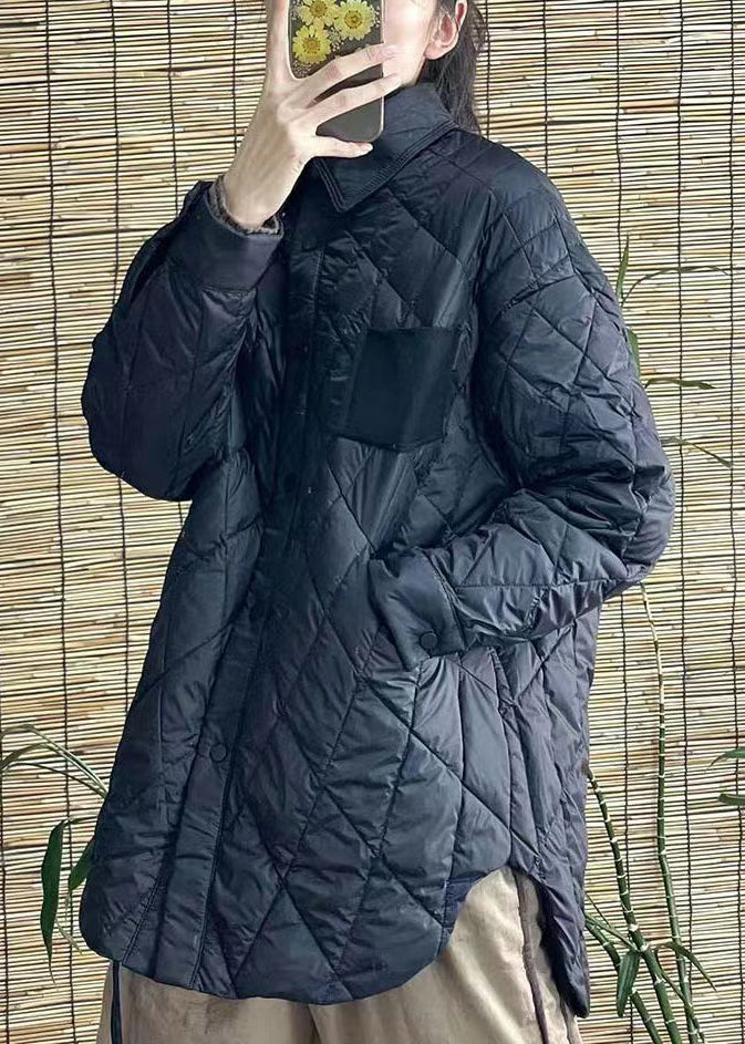 Black Peter Pan Collar Button Patchwork Duck Down Coat Winter