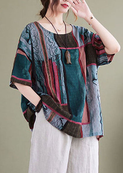 Blackish Green O-neck Print Cotton Tops Short Sleeve