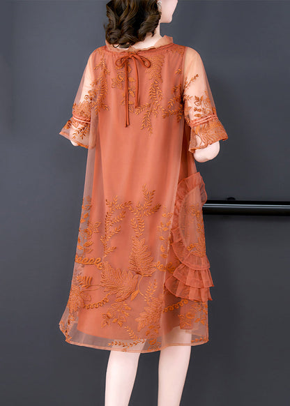 Stylish Orange Embroideried Patchwork Tulle Mid Dresses Summer