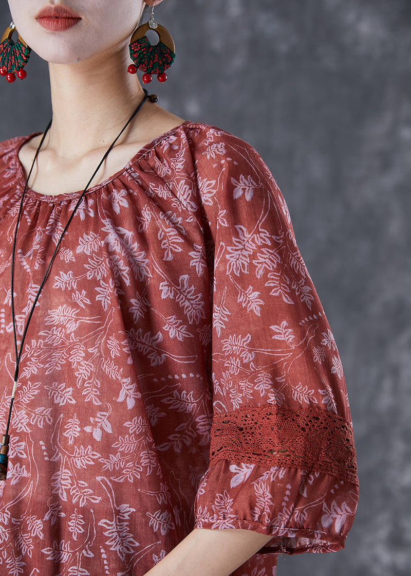Dull Red Print Patchwork Hollow Out Linen Shirt Top Half Sleeve
