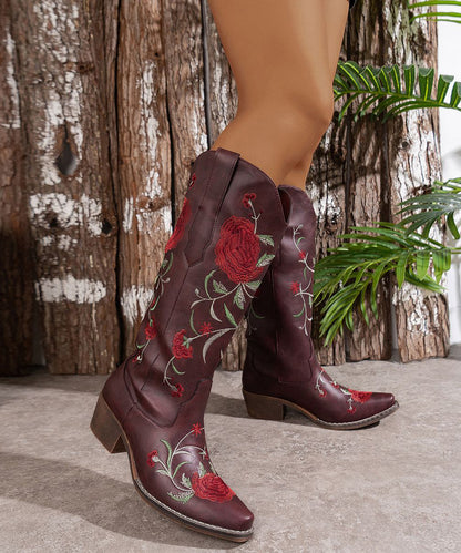 Wine Red Embossed Zippered Faux Leather Chunky Boots
