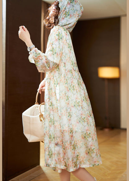 Natural Light Green Print Chiffon Hooded Upf 50+ Coat Summer