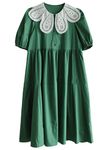 Art Tea Green Lantern Sleeve Button Summer Cotton Vacation Dresses