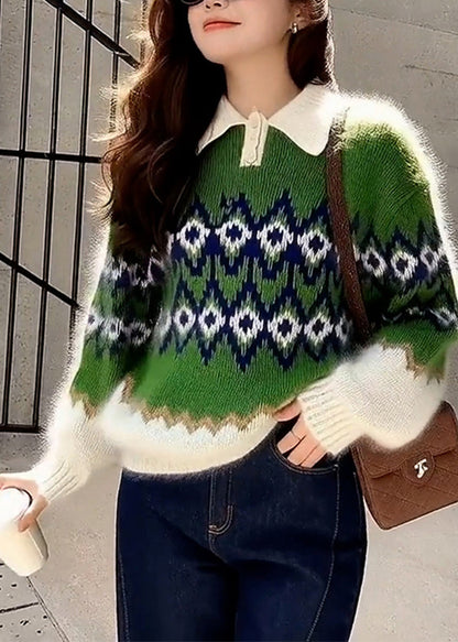 Green Oversized Print Thick Knitted Tops Spring