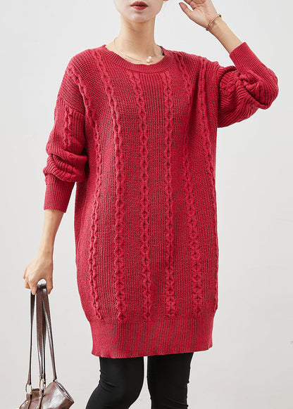 Red O-neck Warm Cable Knit Dress Winter