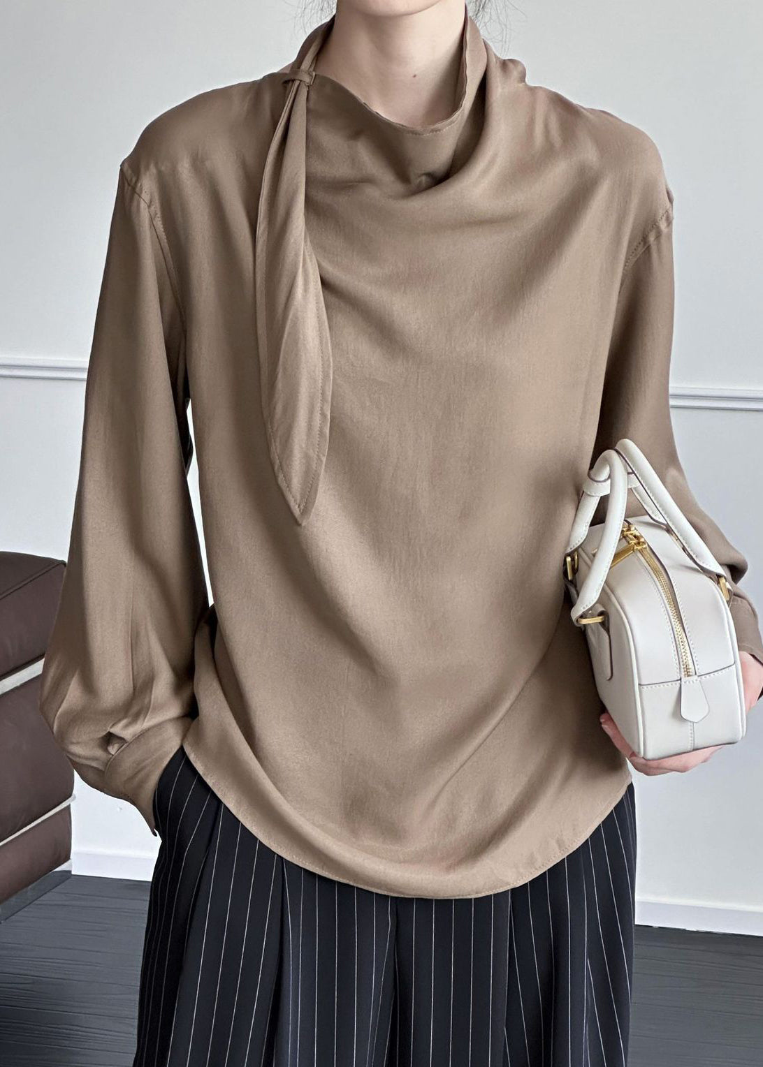 Coffee Cotton Shirt Asymmetrical Fall