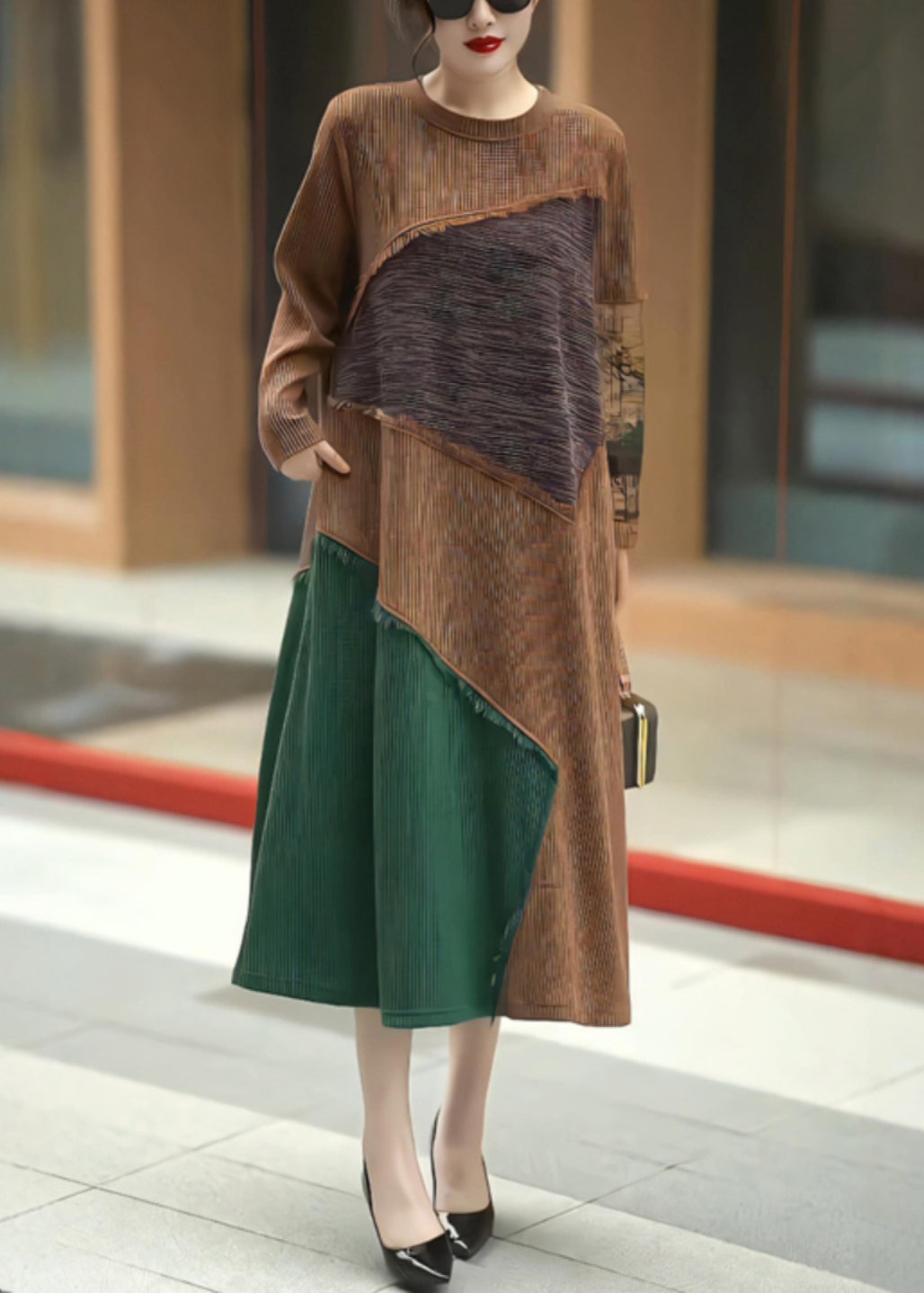 Coffee O Neck Patchwork Knit Long Dress Winter