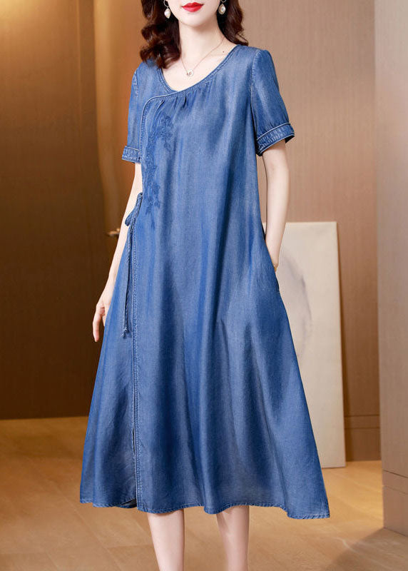 Blue Embroideried Side Open Denim Dress Summer