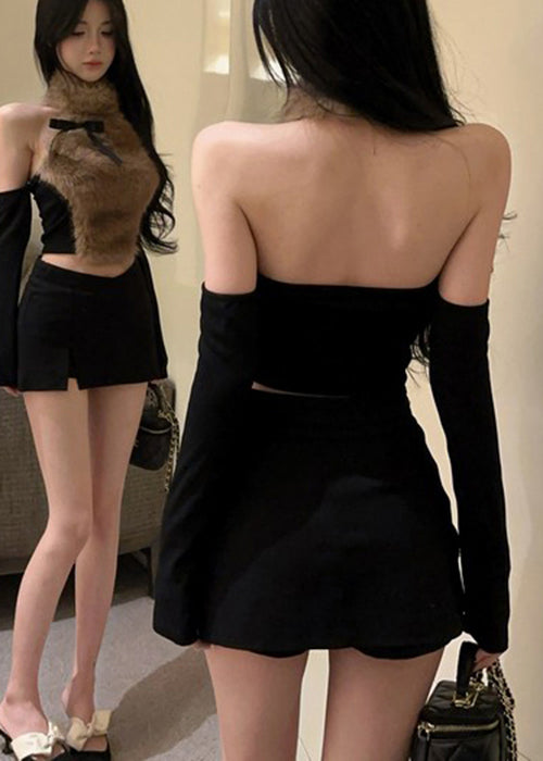Coffee Bow Fur Hanging Neck Off Shoulder Short Top