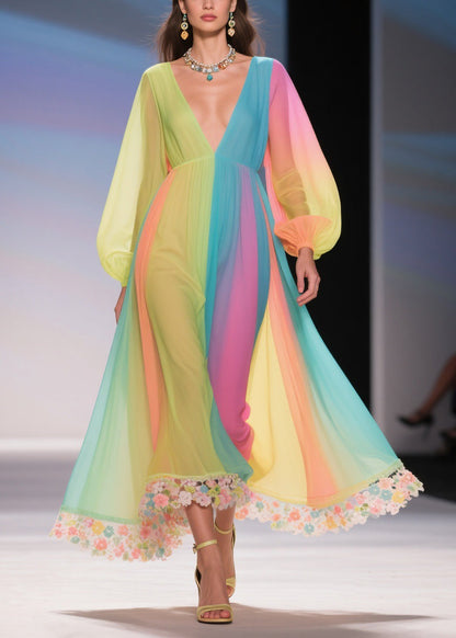 Stylish Rainbow High Waist Chiffon Long Dresses Spring