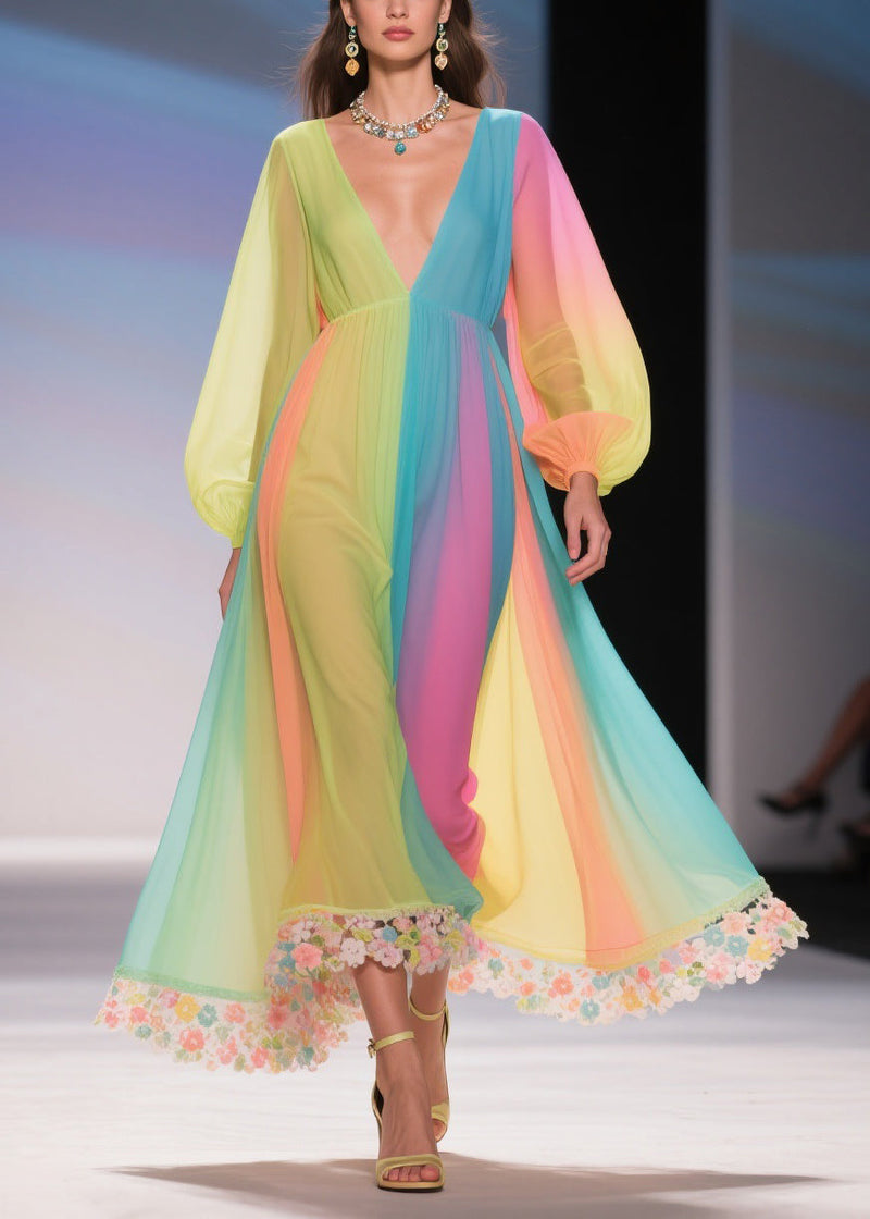Stylish Rainbow High Waist Chiffon Long Dresses Spring