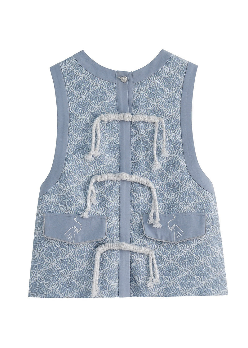 Royal Blue O-neck Print Button Waistcoat Spring