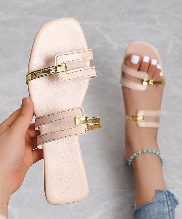 Peep Toe Faux Leather Beige Splicing Flats Slide Sandals