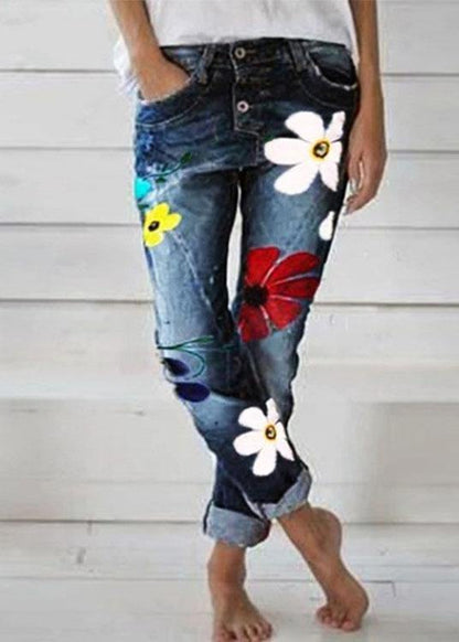 Flower Print Button Denim Long Jeans for