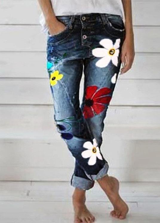 Flower Print Button Denim Long Jeans for