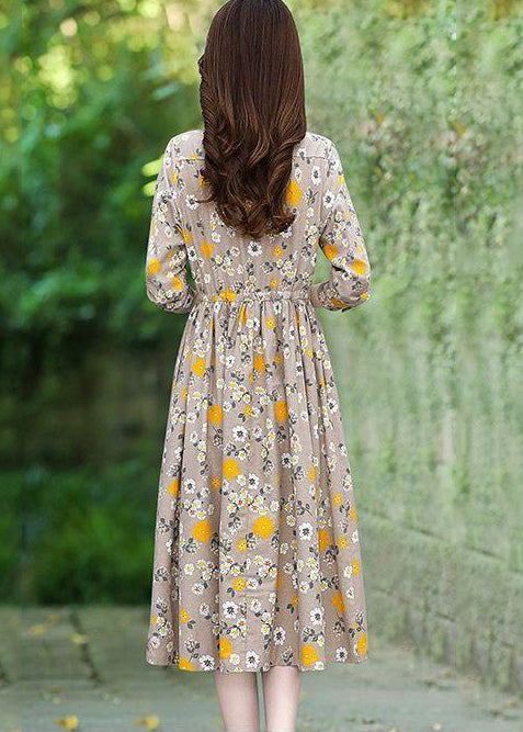 Beige Print Cotton Long Dress Tie Waist Spring