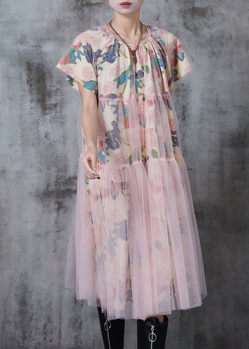Apricot Print Tulle Work Dress Summer