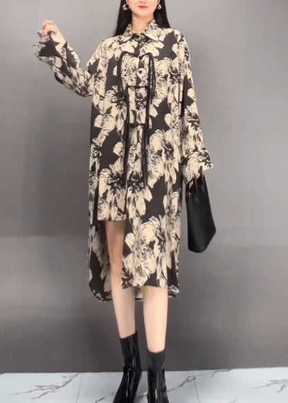 Black Peter Pan Collar Asymmetrical Print Long Dress Fall