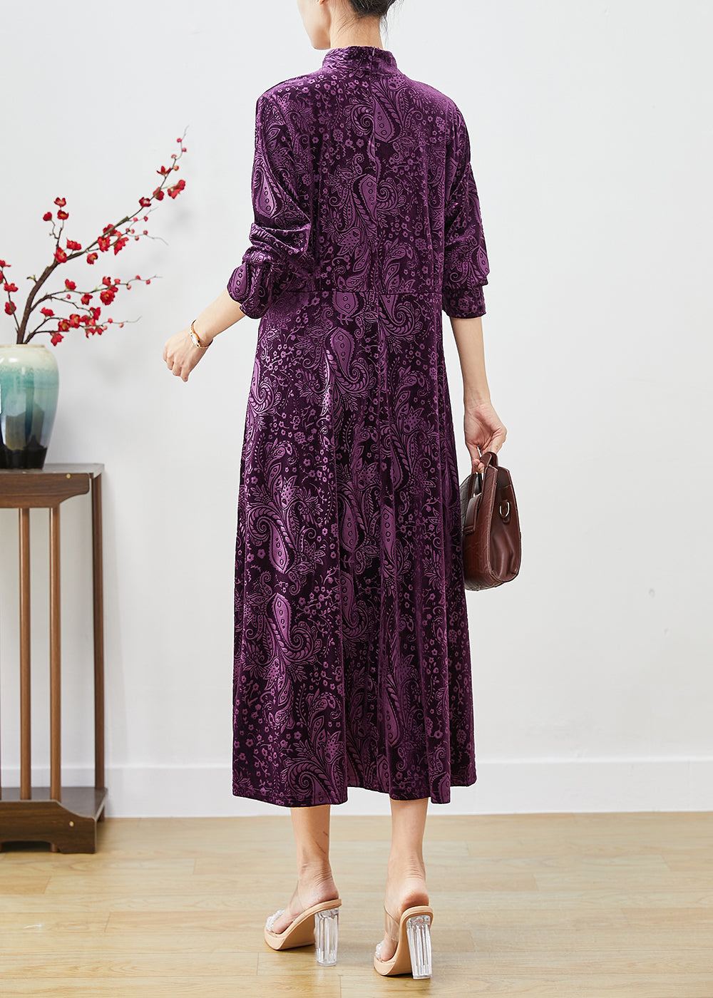 Purple Mandarin Collar Print Silk Velour Dresses Fall