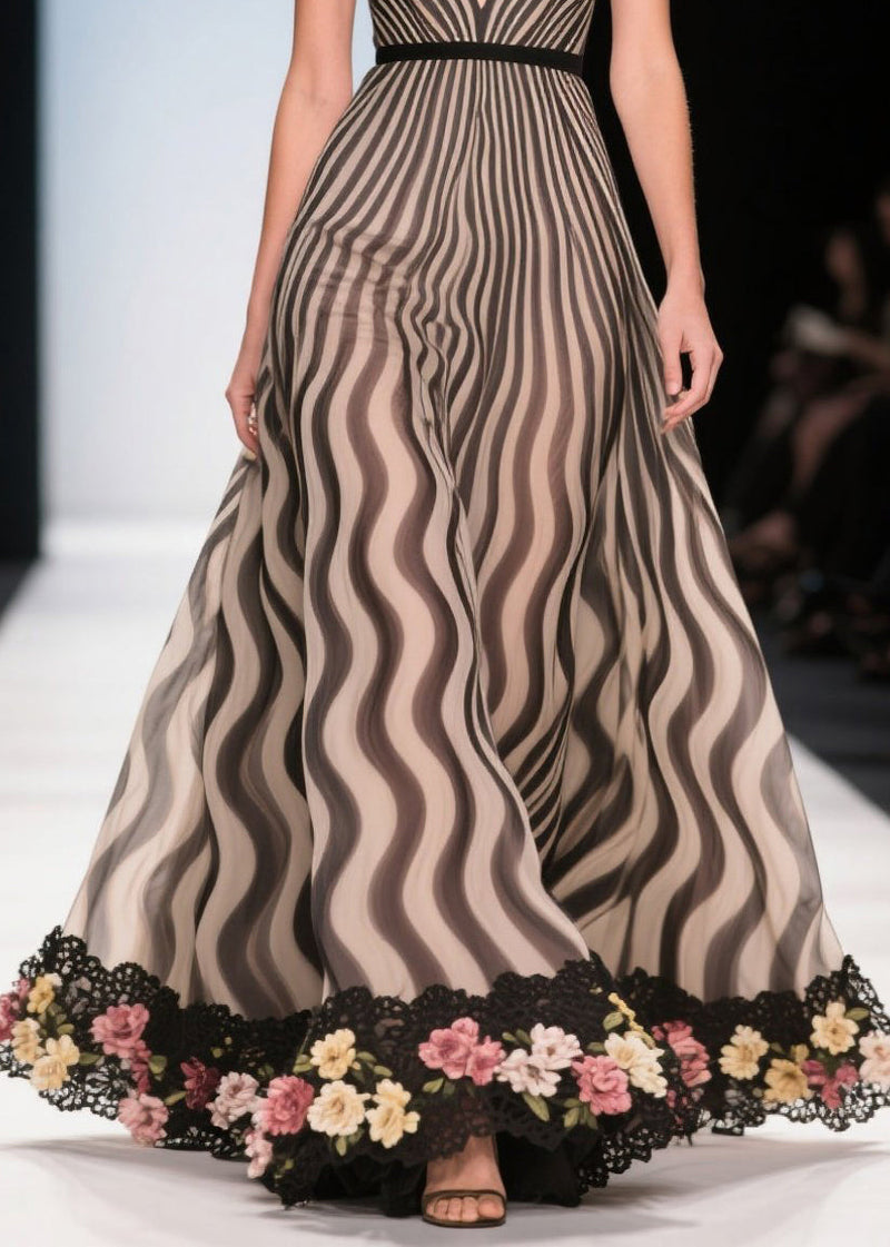 Khaki Striped Patchwork Flower Chiffon Party Dress Summer