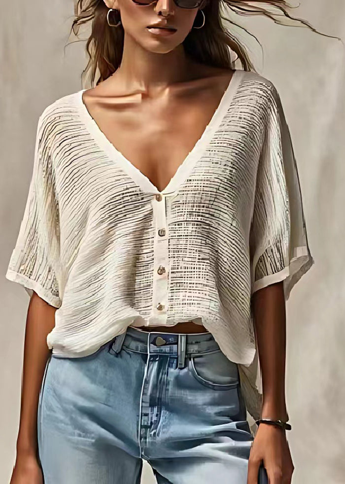 White V Neck Oversized Cotton Blend Tanks Summer