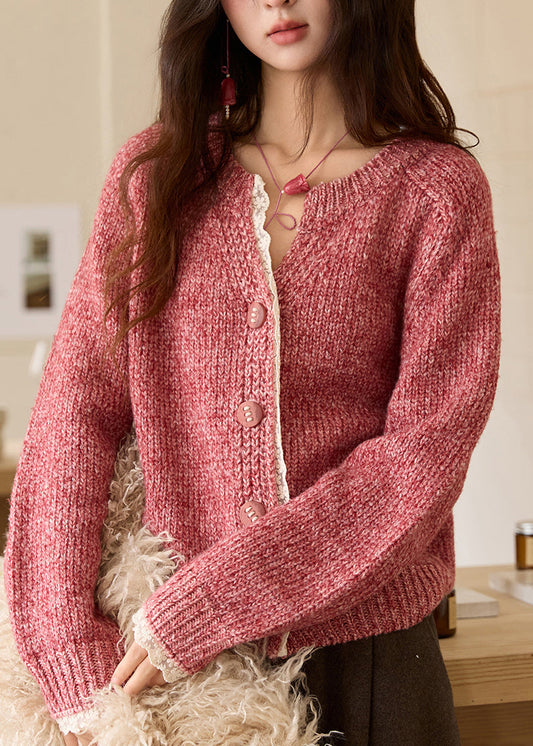 Pink V Neck Patchwork Cozy Cotton Knit Sweaters Fall
