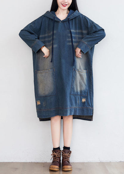 Navy Hooded Pockets Patchwork Denim Dresses Spring